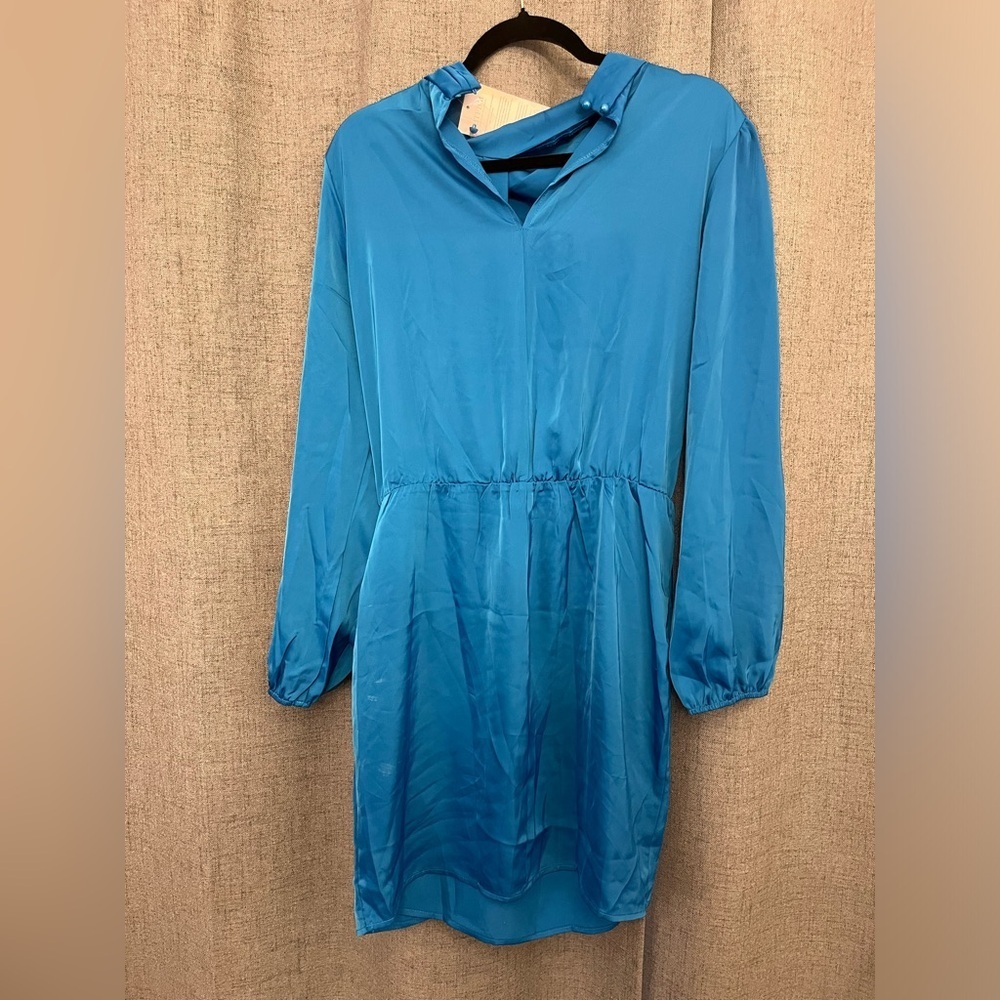 BTFBM Women's Long Sleeve Satin Mock Neck Ruched Tie Waist Large - Picture 6 of 8